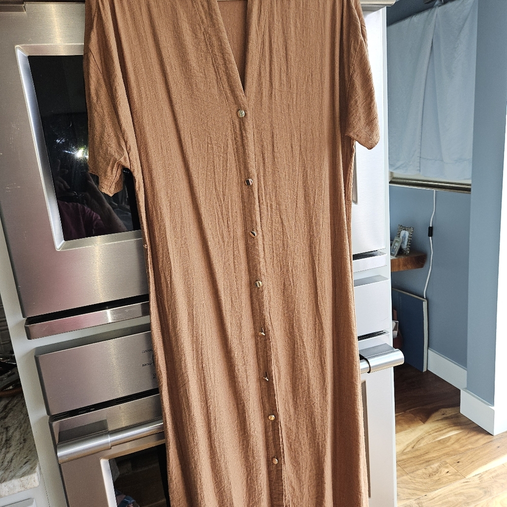 Zara Midi Dress Butternut Tan Medium W Brass Buttons Down Front, Short Sleeves, - Picture 2 of 2